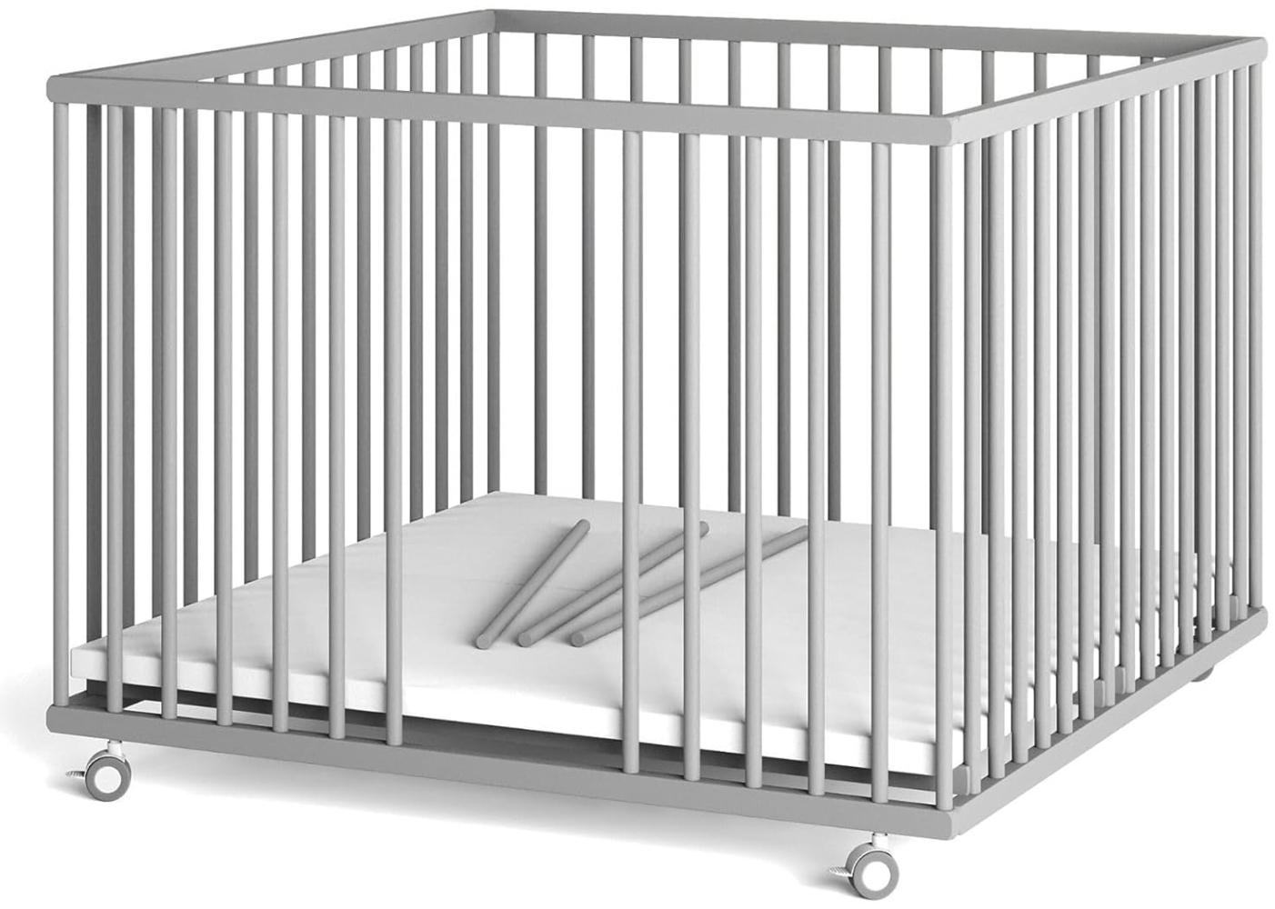Sämann Laufstall Baby mit Matratze Cloud Air und Schlupfsprossen | TÜV geprüft | stufenlos höhenverstellbar | Laufgitter Premium | Babybett aus Holz | Krabbelgitter (grau, 100x100 cm) Bild 1
