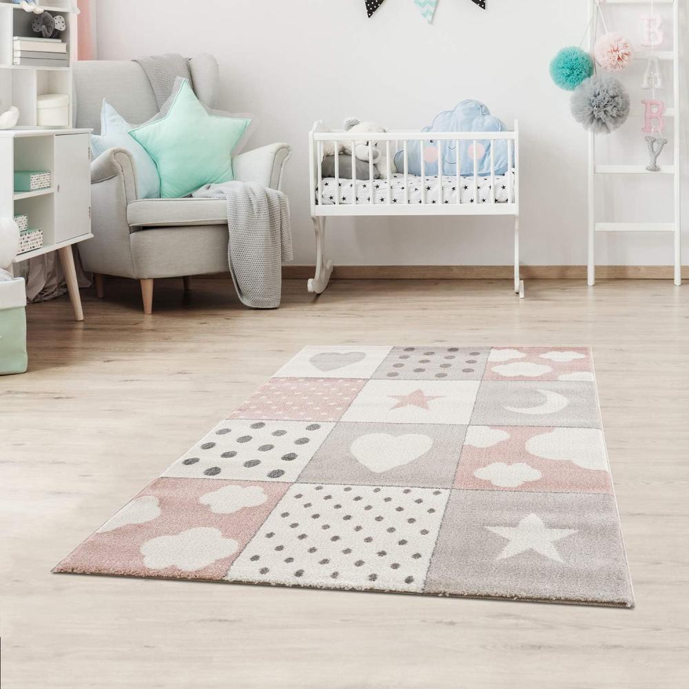 Kinderteppiche Patchwork Herz Sterne Wolke | Kinderteppich für Mädchen und Jungs | Teppich für Kinderzimmer | Farbe: Blau, Grau & Rosa | Schadstofffrei Kinderzimmerteppich,160x230 cm, Rosa Bild 1