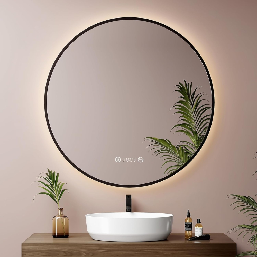 EMKE LED Badspiegel ф80cm Schwarzer Rand, Beschlagfrei, Uhr, Temperatur, Dimmbar, Memory-Funktion Neutrales Licht Wandspiegel Bild 1