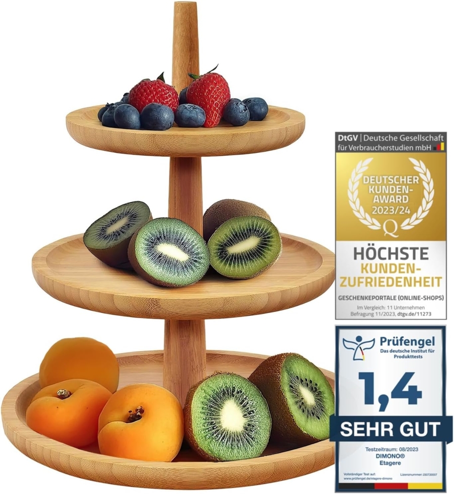 Dimono Etagere Deluxe Servier-Ständer, Bambus, (3-Etagen Servierschalen, Obst- & Gemüseschale), Servierschalen für Desserts, Obst, Gemüse, Süßes uvm. Bild 1