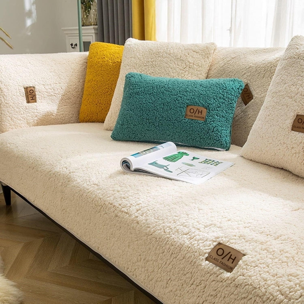 LINGKY Samt Sofabezug 1 2 3 4 Sitzer, L Form Sofaüberwurfe, Ecksofa Sofa überzug Pets Dog Couch überzug Anti-rutsch Sofaschutz, Ultra Weicher Sofaschoner (Beige,45x45 cm/Kissenbezug) Bild 1