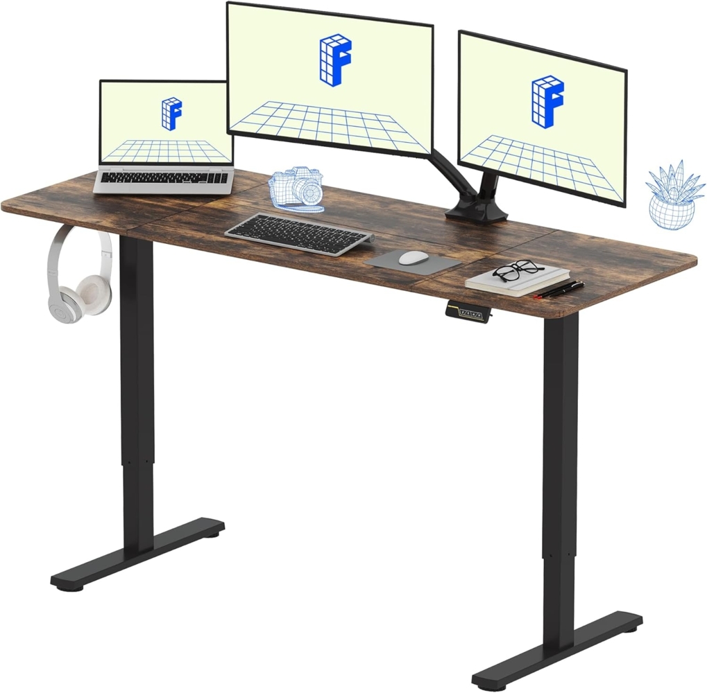 FLEXISPOT Höhenverstellbarer Schreibtisch Basic Plus 160x60 cm - Ergonomisches Sitz-Stehpult mit Haken- Memory-Handsteuerung(Walnussbraun) Bild 1