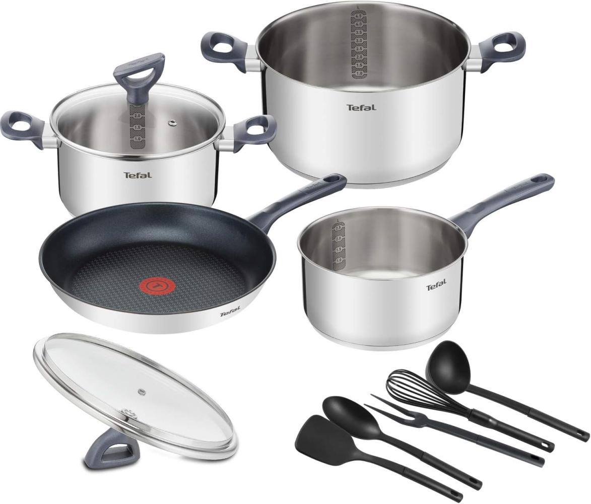 Tefal DAILY COOK Kochgeschirr-Set G713SB | 11tlg. (Stielkasserolle 16cm, Kochtöpfe 20/24cm mit Deckeln, Bratpfanne 28cm, Schneebesen, Schöpfkelle, Löffel, Pfannenwender, Fleischgabel | alle Herdarten Bild 1