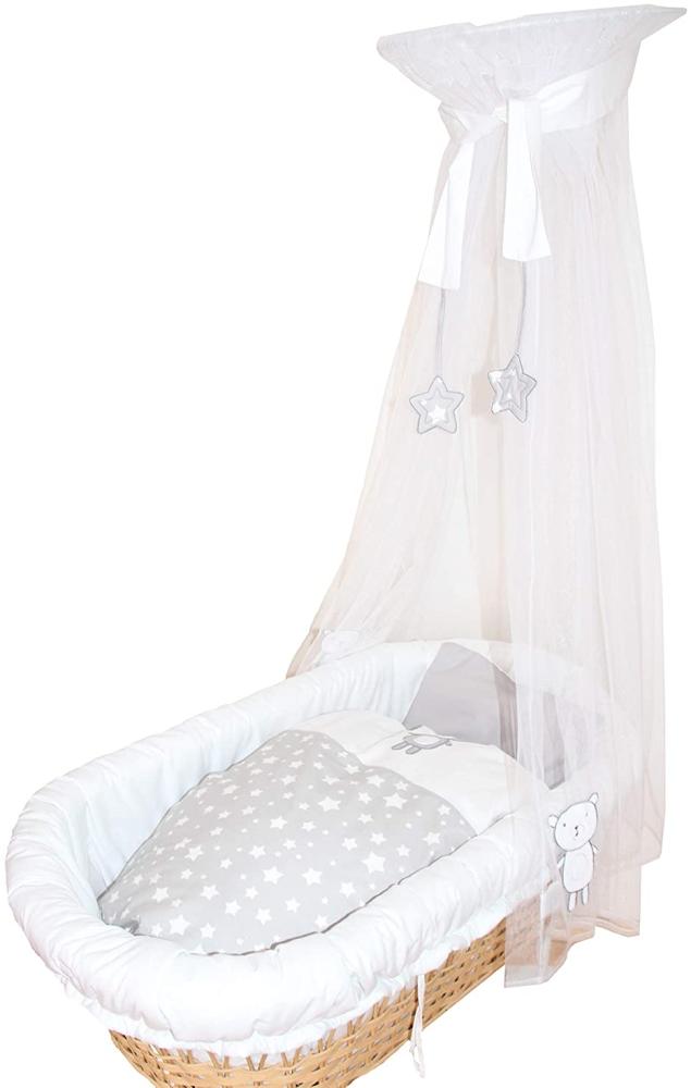 Belily-World 4-tlg. Stubenwagen Bettwäsche-Set 'Teddy Star' weiß/creme/grau Bild 1