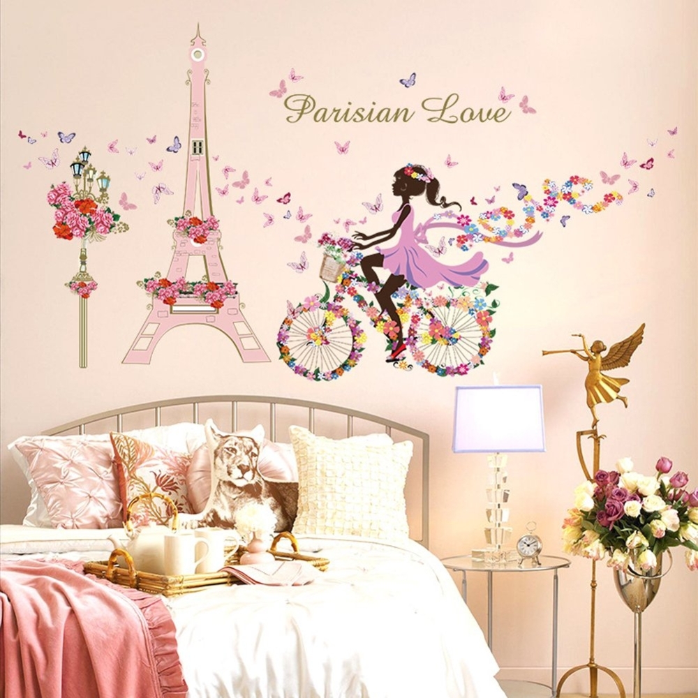 Wallpark Romantisch Rosa Paris Turm Fee Mädchen auf Blumen Schmetterlinge Fahrrad Abnehmbare Wandsticker Wandtattoo, Kinder Kids Baby Hause Zimmer Kinderzimmer DIY Dekorativ Kunst Wandaufkleber Bild 1