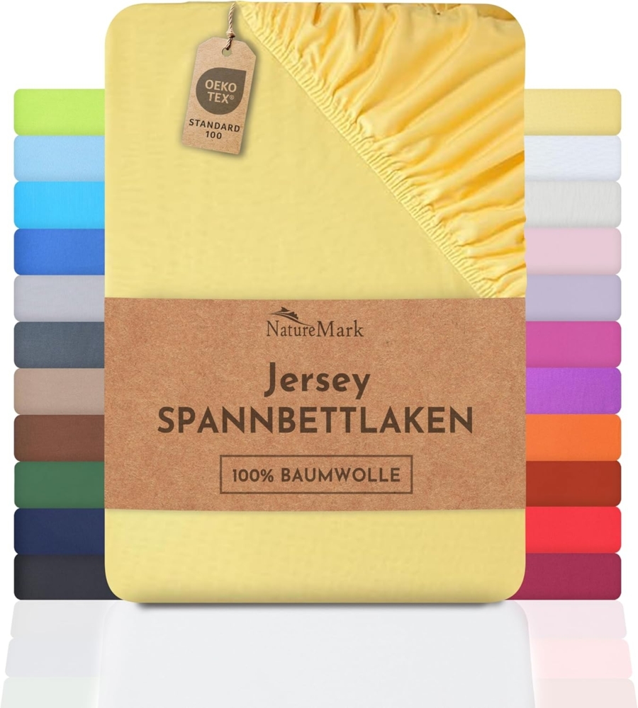 NatureMark Jersey Spannbettlaken, Spannbetttuch 100% Baumwolle in vielen Größen und Farben MARKENQUALITÄT ÖKOTEX Standard 100 | 200x220 cm +40 Steg - gelb Bild 1