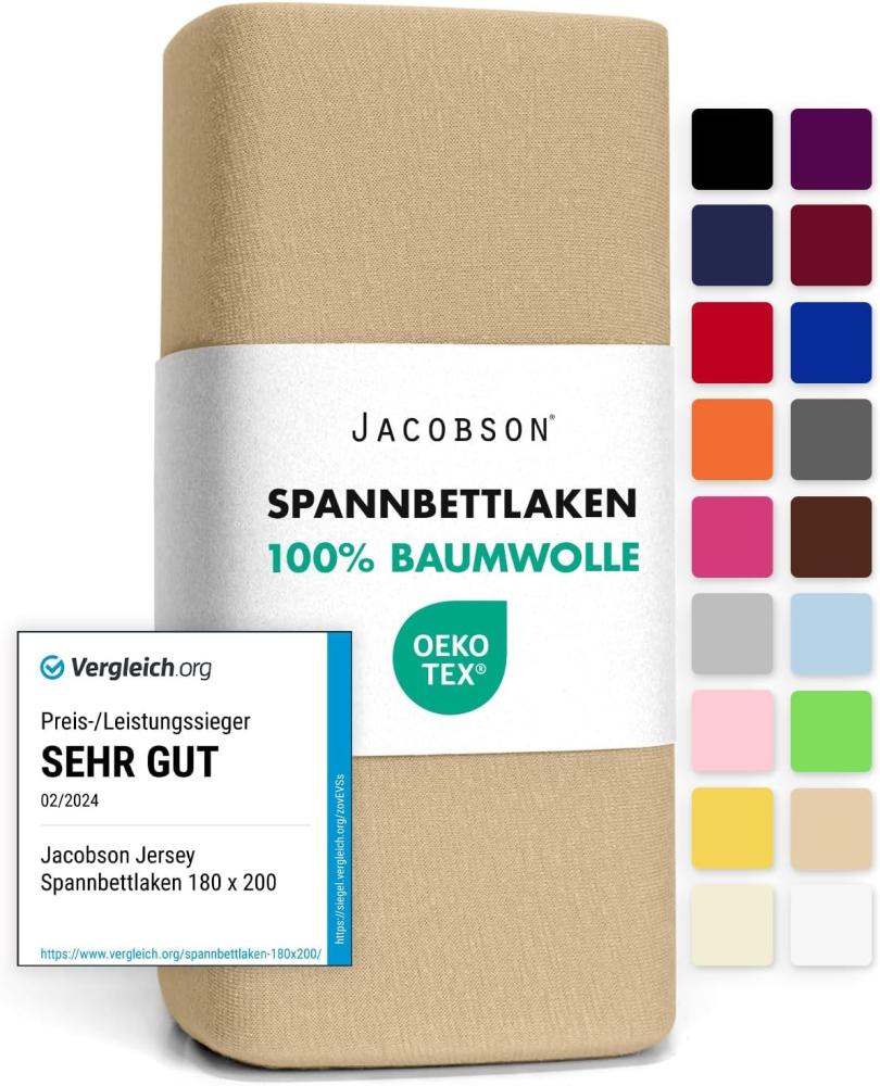 Jacobson Jersey Spannbettlaken Spannbetttuch Baumwolle Bettlaken (140x200-160x200 cm, Beige) Bild 1