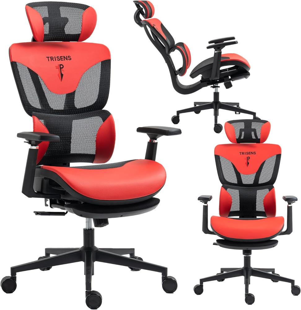 Bürostuhl in modernem Racing-Design - ergonomischer Gaming Schreibtischstuhl mit Nacken- und Lordosenstütze - komfortabler Gaming Stuhl mit atmungsaktiver Netzrückenlehne und Wippfunktion Schwarz/Rot Bild 1