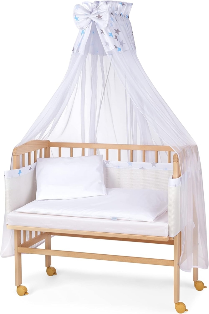WALDIN Beistellbett mit Matratze und Nestchen, höhenverstellbar, Ausstattung Sterne-grau/blau, Gestell Natur unbehandelt Bild 1
