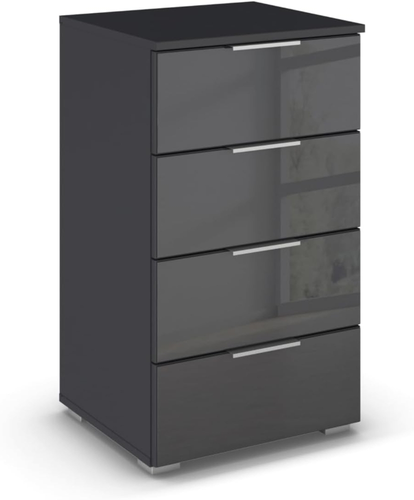 Rauch Möbel Mars Kommode, Nachttisch, Schubladenkommode, Aufbewahrungsschrank, Nachtschrank für Boxspringbett, 4 Schubladen mit Glasfront, Farbe Grau metallic, Schwarz, 47 x 81 x 42 cm Bild 1