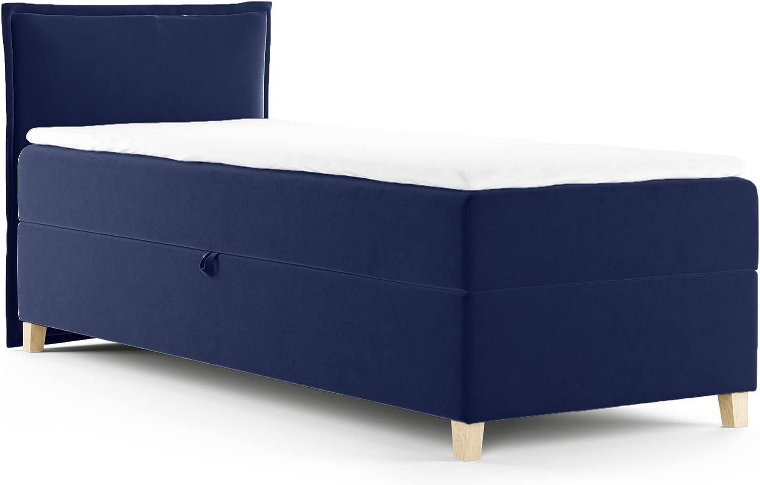 Boxspringbett Fren Mini mit Bettkasten - Einzelbett mit Bonell-Matratze und Topper, Polsterbett mit Holzfüße, Bett, Kinderzimmer (Dunkelblau (Kronos 09), 80x200 cm) Bild 1