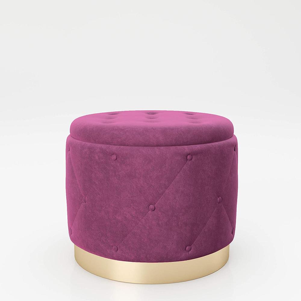 PLAYBOY - Pouf "LIZ" gepolsterter Sitzhocker mit Stauraum, Samtstoff in Lila und Chesterfield-Optik, goldener Metallfuss, Retro-Design Bild 1