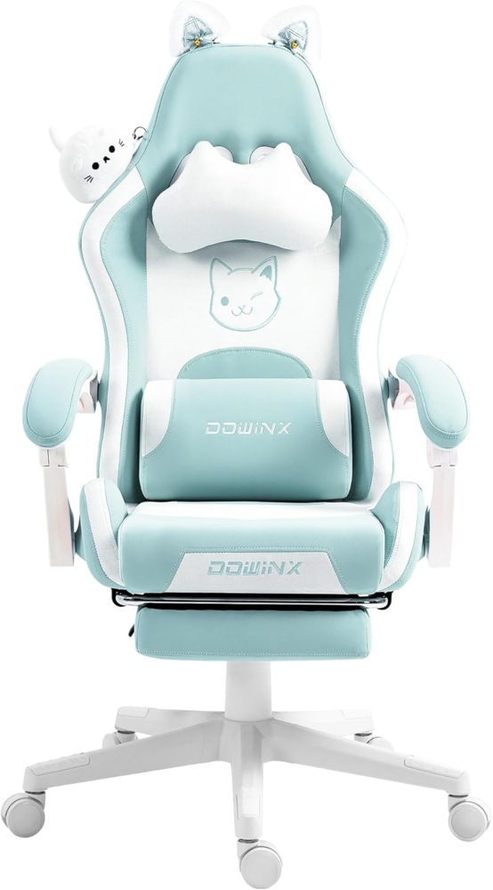 Dowinx Gaming Stuhl - Süße Katze Edition - Ergonomischer Computerstuhl mit Hoher Rückenlehne und Lendenwirbelstütze, PU-Leder, Fußstütze, Blau Bild 1
