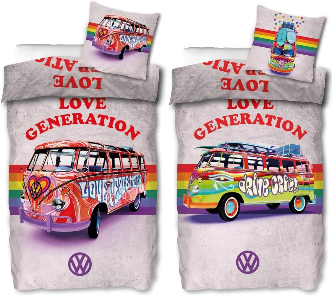 BERONAGE Wendebettwäsche VW Volkswagen Bulli Love Generation Bettwäsche Linon / Renforcé 184, 100% Baumwolle, 2 teilig, 135x200 + 80x80 cm Bild 1