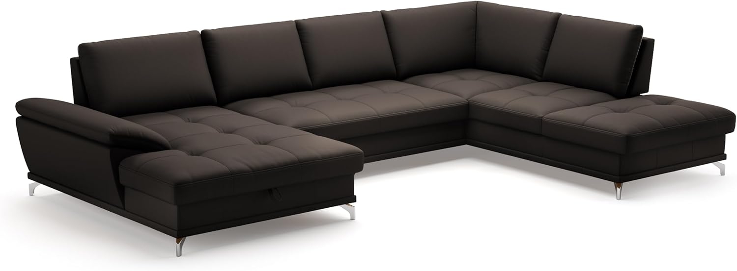 Cavadore Wohnlandschaft Castiel mit Federkern / Sofalandschaft mit XL-Longchair, Sitztiefenverstellung, satinierten Metallfüßen / 363 x 89 x 223 / Echtleder, Dunkelbraun Bild 1
