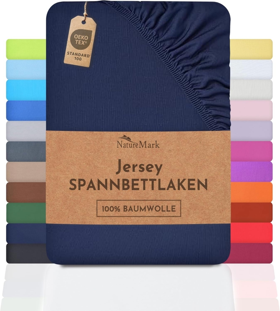 NatureMark Jersey Spannbettlaken, Spannbetttuch 100% Baumwolle in vielen Größen und Farben MARKENQUALITÄT ÖKOTEX Standard 100 | 200x220 cm +40 Steg - Navy blau Bild 1