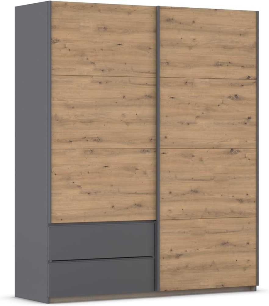 Rauch Möbel Stoke, Schwebetürenschrank, Kleiderschrank, Schrank, Garderobe, 2-türig, 2 Schubladen, Farbe Eiche Artisan/Grau metallic, Holz, Schwarz, Griffleisten Grau metallic, 175 x 210 x 59 cm Bild 1