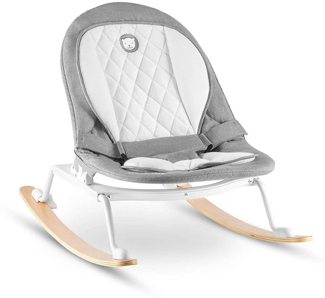 Lionelo Rosa Baby Wippe Baby Schaukel ab Geburt bis 9 kg Einsatz für Neugeborene Holz Kufen Liegeposition Sitz 90 Grad drehbar skandinavisches Design zusammenklappbar, Grau-Weiß Bild 1