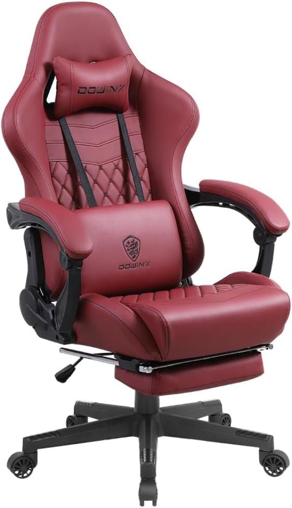 Dowinx Gaming Stuhl Bürostuhl Ergonomischer PC-Stuhl mit Massage Lendenwirbelstütze, Racing Stil PU Leder Hohe Rückenlehne Verstellbarer Drehsessel mit Fußstütze (Weihnachtsrot) Bild 1