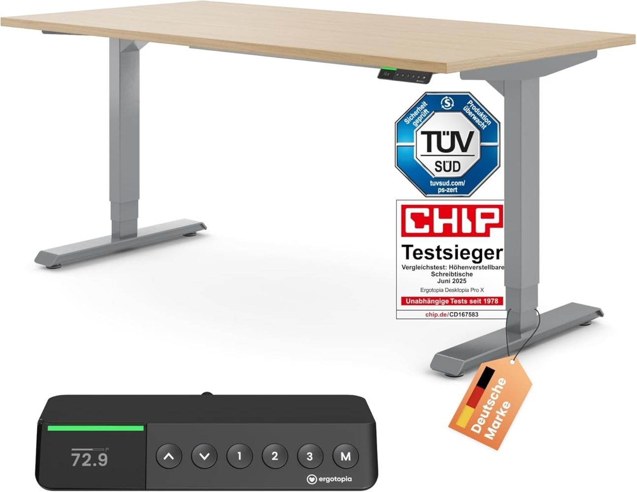 Desktopia Pro X - Elektrisch höhenverstellbarer Schreibtisch / Ergonomischer Tisch mit Memory-Funktion, Ahorn, Gestell Grau, 180x80 cm Bild 1
