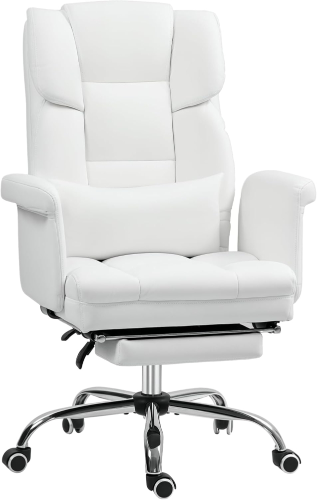 HOMCOM Schreibtischstuhl Ergonomisch Bürostuhl mit Liegefunktion, Lendenkissen (Computerstuhl, 1 St), für Home-Office, Kunstleder, Weiß Bild 1