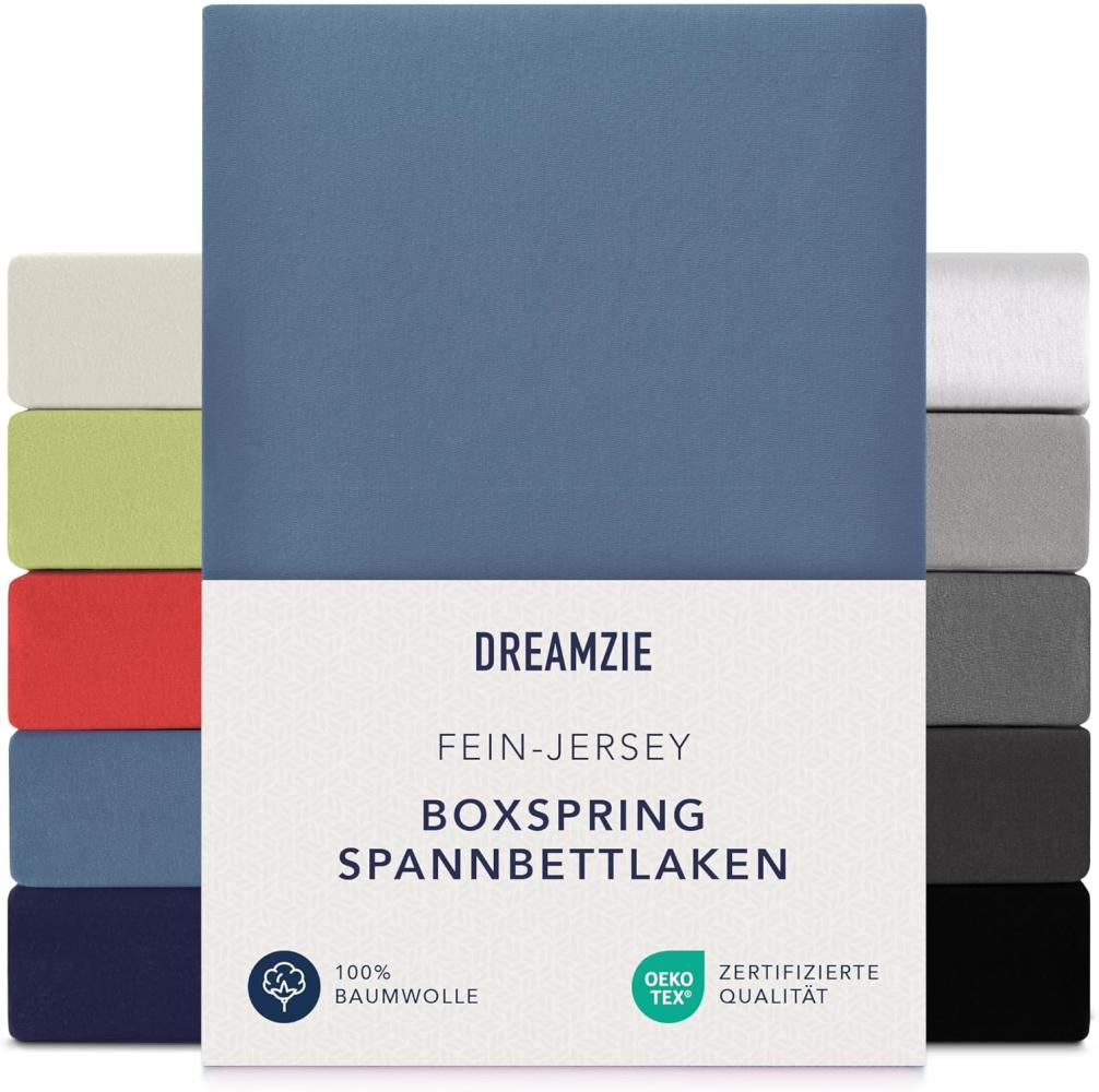 Dreamzie Premium Spannbettlaken 140x200 cm - 160x200 cm - 37cm Steg - auch für Boxspringbett & Wasserbett - Bettlaken Boxspringbett 100% Jersey Baumwolle, 150 g/m² - Oeko-TEX - Blau Bild 1