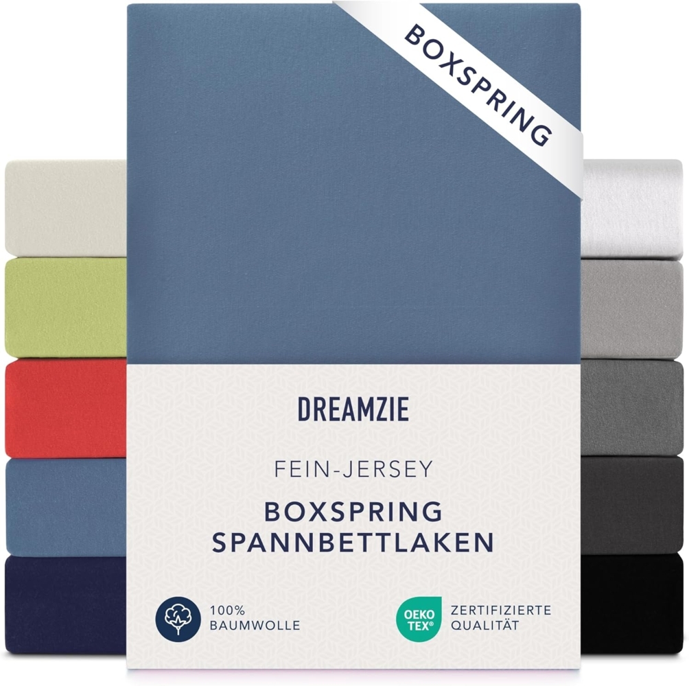 Dreamzie Premium Spannbettlaken 140x200 cm - 160x200 cm - 37cm Steg - auch für Boxspringbett & Wasserbett - Bettlaken Boxspringbett 100% Jersey Baumwolle, 150 g/m² - Oeko-TEX - Blau Bild 1