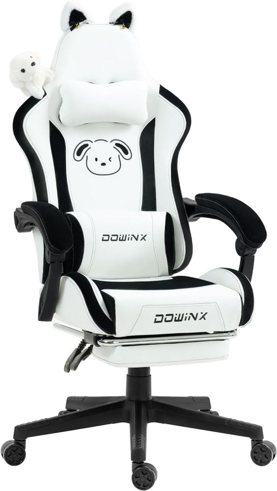 Dowinx Gaming Stuhl - Süße Hund Edition - Ergonomischer Computerstuhl mit Hoher Rückenlehne und Lendenwirbelstütze, PU-Leder, Fußstütze, Weiße Hund Bild 1