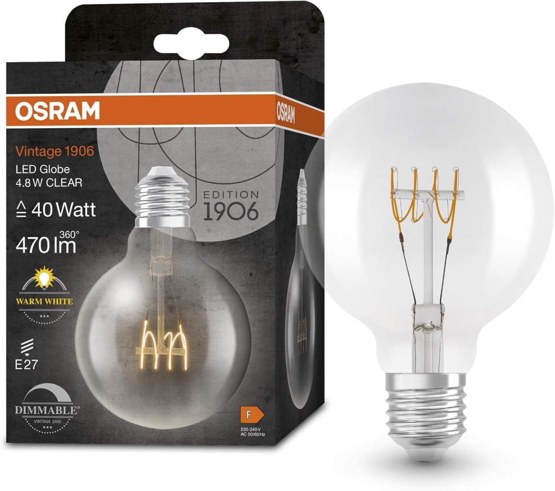 Osram Dimmbare LED-Lampen, Vintage-Edition, 40 Watts Ersatz, E27, G95-shape, 2700 Kelvin, Warm weiß, Klares Glas, single Pack Bild 1