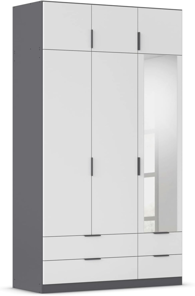 Rauch Möbel Lagoa, Kleiderschrank, Garderobe für Schlafzimmer, Kinderzimmer, Jugendzimmer 6-türig, mit Spiegel, 4 Schubladen, mit Zubehör Classic, Farbe Weiß/Grau metallic, Schwarz, Breite 136 cm Bild 1