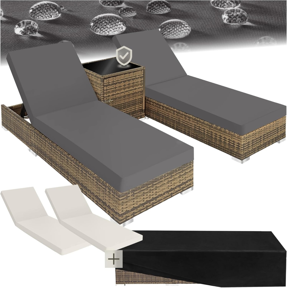 tectake 2er Lounge Sonnenliegen Set Plus Tisch – inkl. 2 Bezugsets und Schutzhülle, Outdoor Poly Rattan Gartenmöbel Set, 2X Gartenliege wetterfest - Natur Bild 1