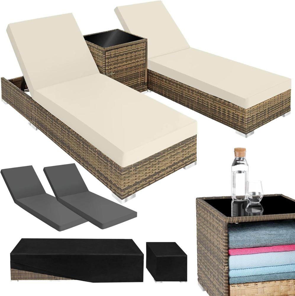 tectake 2er Lounge Sonnenliegen Set Plus Tisch – inkl. 2 Bezugsets und Schutzhülle, Outdoor Poly Rattan Gartenmöbel Set, 2X Gartenliege wetterfest - Natur Bild 1