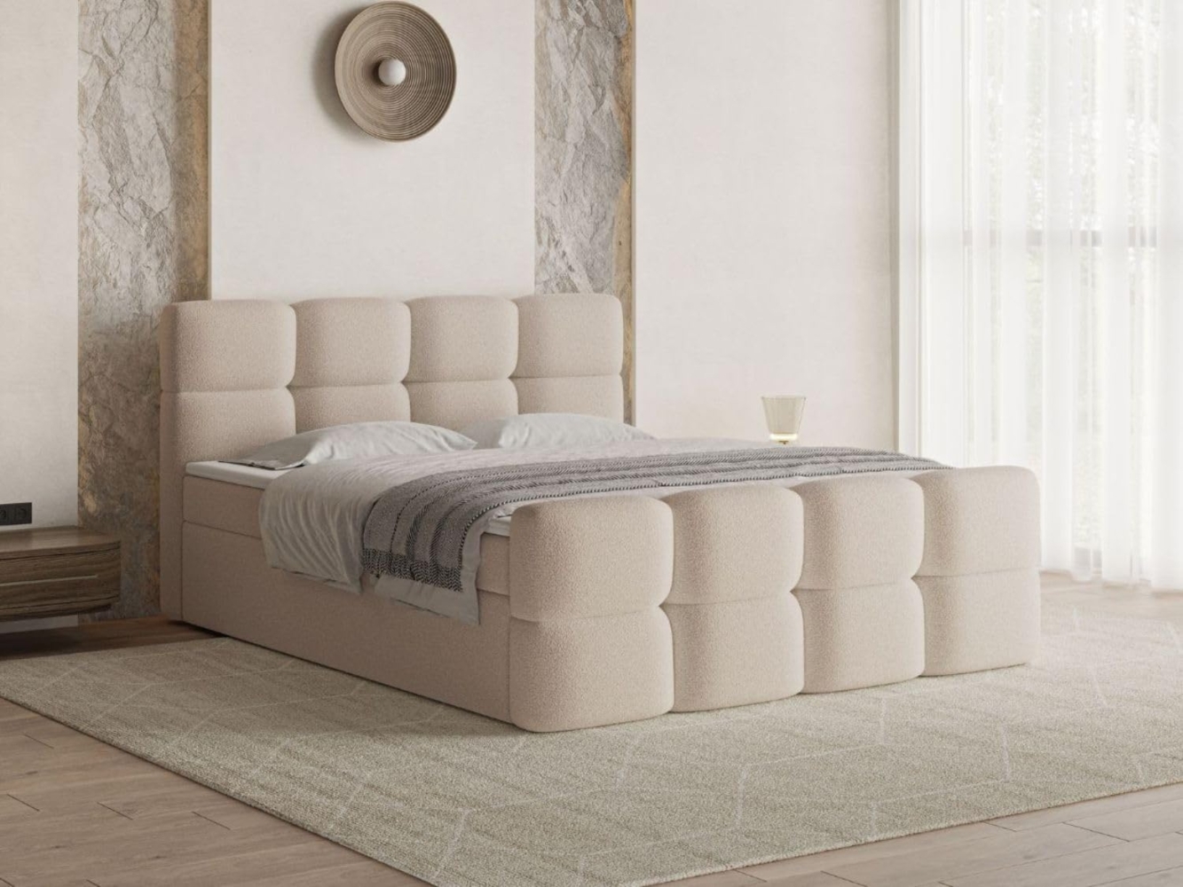GrainGold Boxspringbett mit Bettkästen RIVON, Modern Bett mit Kopfteil - 180x200 cm, Beige (1x Bett + 1x Topper) Bild 1