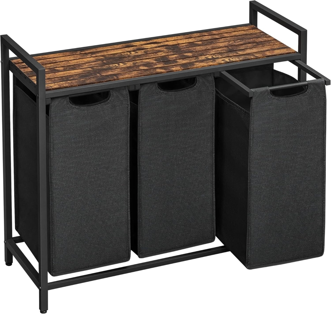 Vasagle Wäschekorb mit 3 Fächer, Metallrahmen Vintagebraun/Schwarz, 38L / 92,5 x 33 x 72 cm Bild 1