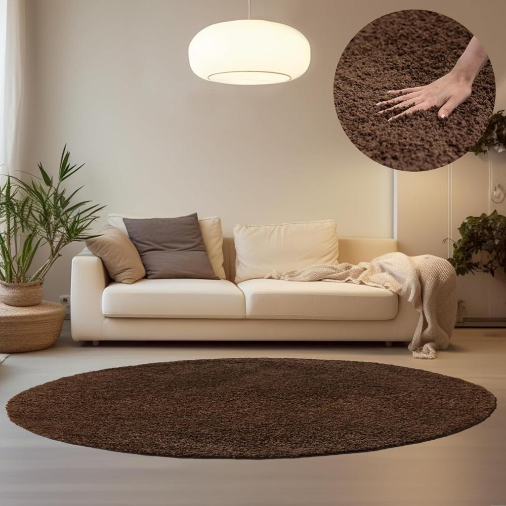 HomebyHome Hochflor Runder Teppich 200 cm Rund Einfarbig Braun Teppich Langflor Shaggy Modern Teppich für Wohnzimmer, Schlafzimmer, Pflegeleicht Flauschig Weich Rund Großer Teppich Bild 1