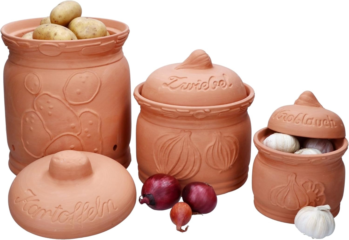 MamboCat Vorratsglas 3er Set Terra Tontöpfe Deckel Terrakotta Kartoffel Zwiebel Knoblauch, Terracotta Bild 1