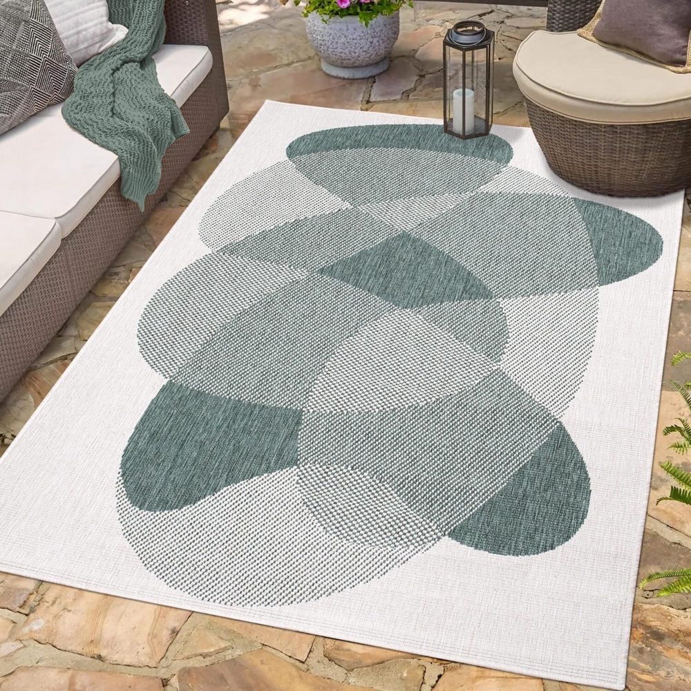 carpet city In- & Outdoor-Teppich Grün, Creme - Wendeteppich - 160x230 cm - Abstraktes Geo-Muster - Wetterbeständig für Balkon, Terrasse - Teppiche Modern Indoor Wohnzimmer, Küche Bild 1