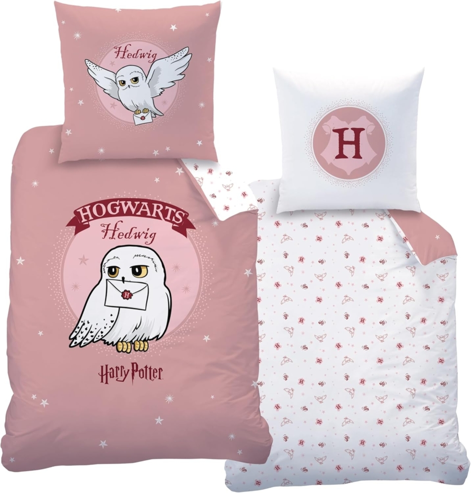 MTOnlinehandel Bettwäsche Harry Potter Biber/ Flanell in 135x200 + 80x80 cm, Eule Hedwig, 100% Baumwolle, 2 teilig, kuschelig, weich, Hogwarts, Jungen und Mädchen, Rosa Bild 1