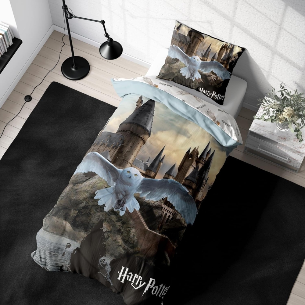 MTOnlinehandel Bettwäsche Harry Potter Fly, 135x200 + 80x80 cm in Renforcé, Hogwarts, 100% Baumwolle, 2 teilig, Eule Hedwig, für Kinder und Teenager, Geschenkidee Bild 1