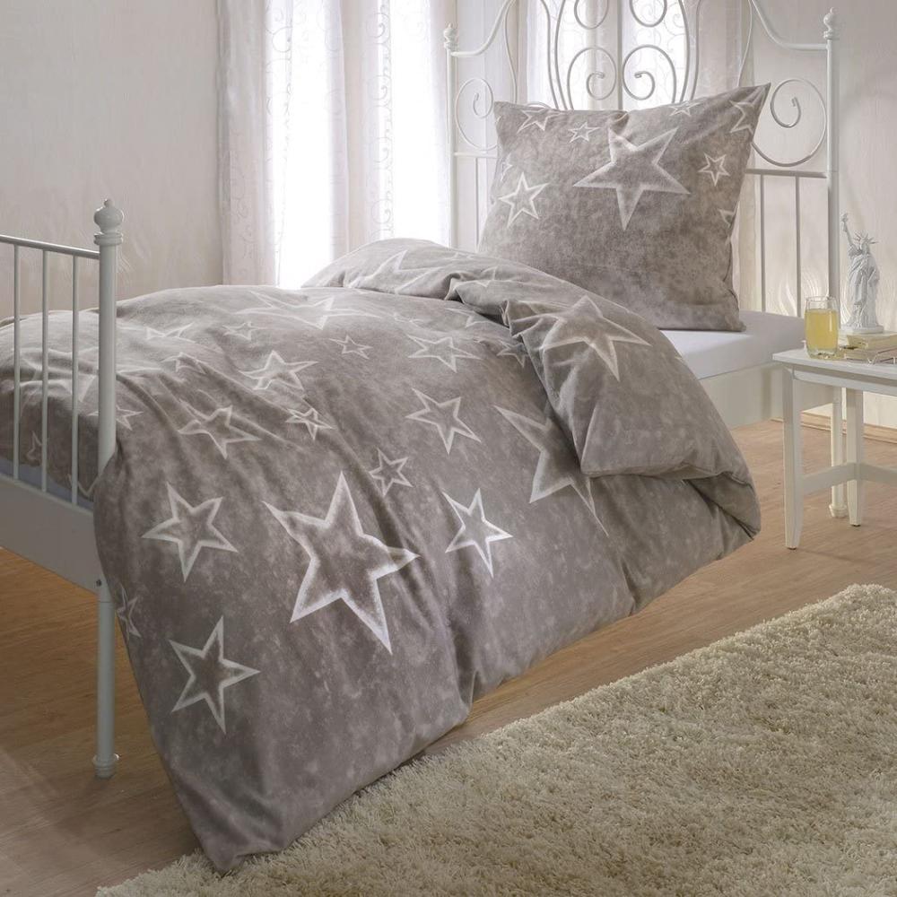 BettwarenShop Biber Bettwäsche Sterne taupe|155x220 cm + 80x80 cm Bild 1