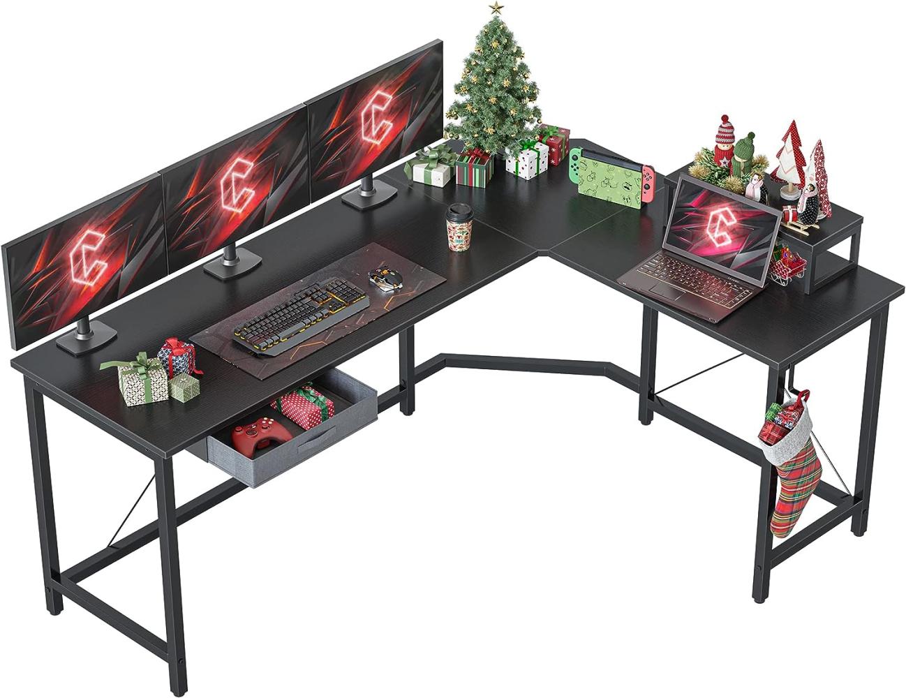 CubiCubi Moderner L-förmiger Computertisch, 170 x 120 cm PC-Tisch, Stabiler Schreibtisch für Gaming, Eckschreibtisch mit Monitorständer und Schublade, ecktisch groß bürotisch, Schwarz Bild 1