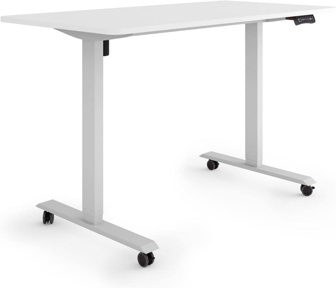 ESMART Germany ETX-121GW 140x70cm Weiß Ergonomischer Steh-Sitz-Schreibtisch auf Rollen Stufenlos elektrisch höhenverstellbar 78,5-128,5cm 3X Memory Aktivitätserinnerung Soft-Start/Stopp Bild 1