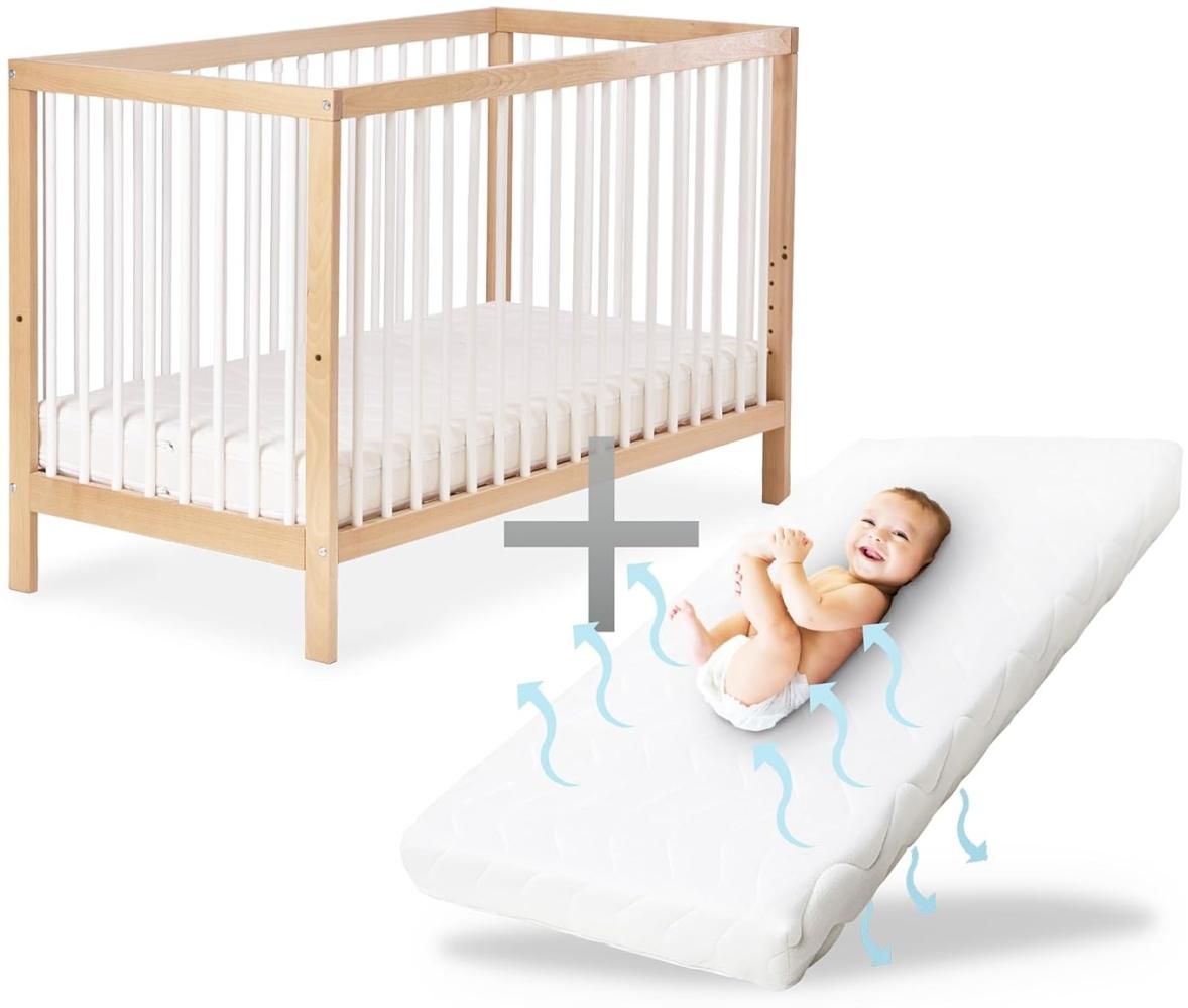 Ehrenkind® Babybett PUR inkl. Matratze 120x60 aus Natur Buchenholz | Kinderbett 9-Fach höhenverstellbar mit entnehmbaren Stangen Bild 1