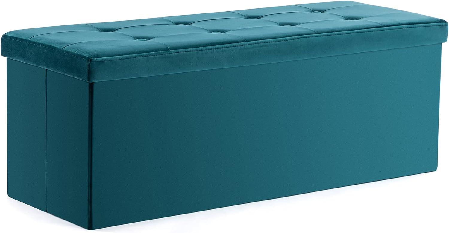 HNNHOME Samt-Bettbank, Sitzbank, Ottomane, Spielzeugtruhe mit Deckel, zusammenklappbare Aufbewahrungstruhe, für Wohnzimmer, Schlafzimmer, 110 x 40 x 40 cm, Teal, Extragroß Bild 1