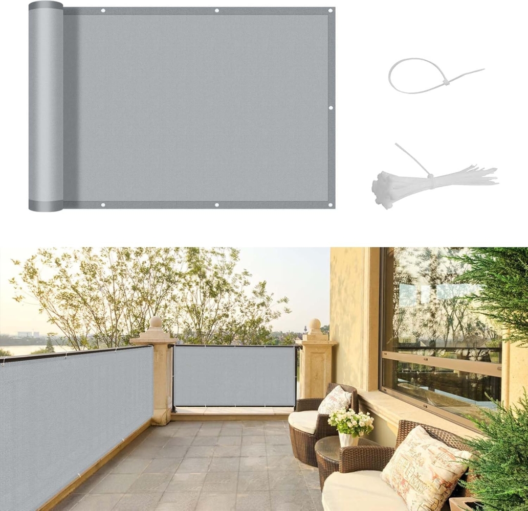 SUNNY GUARD Balkon Sichtschutz 80x600 cm Balkonverkleidung Balkonabdeckung Balkonumspannungen UV-Schutz Wind und wetterfest mit Kabelbinder,Hellgrau Bild 1