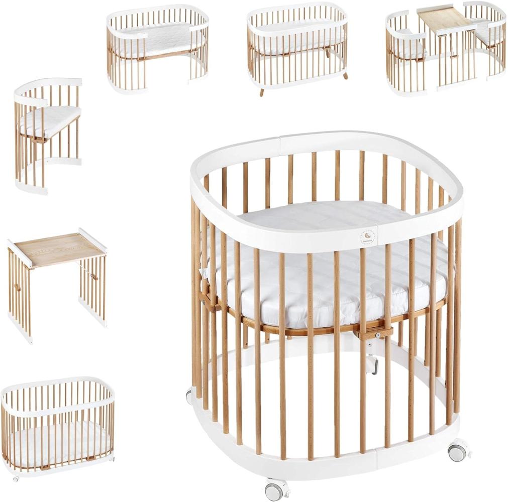 tweeto Babybett 7-in-1 KOMPLETT-SET - multifunktional erweiterbar inkl. 3-tlg. Matratze Design (Buche-Weiss) Bild 1