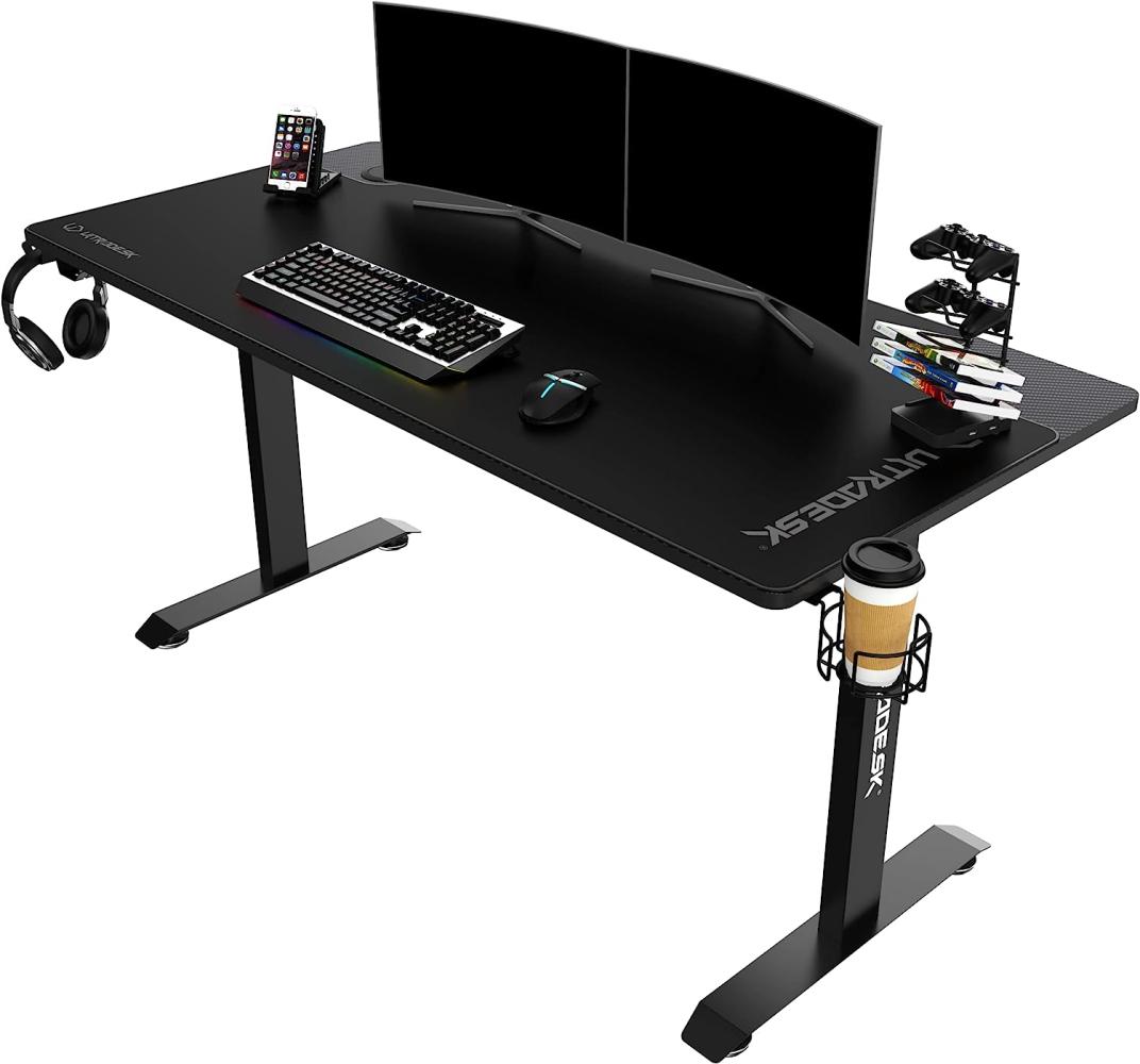 ULTRADESK Momentum | Ergonomischer Gaming-Stuhl mit riesiger Arbeitsfläche, XXL-Pad, Handy-Ständer, Becherhalter | Stahlkonstruktion mit Verstärkungen, belastbar bis 130 kg | Schwarz, 152,5x70 cm Bild 1