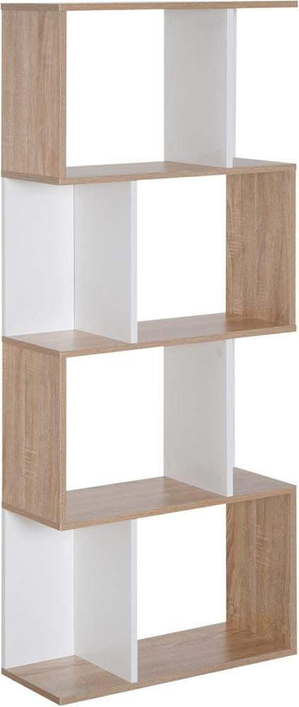 HOMCOM Bücherregal S-förmiges Standregal Lagerregal 4-stufige Vitrine mit Hardware-Schnalle moderner Raumteiler Spanplatte Naturholz+Weiß 60 x 24 x 148 cm Bild 1