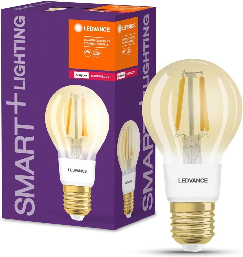 LEDVANCE Smarte LED-Lampe mit ZigBee, Sockel E27, Dimmbar, Warmweiß (2400K), Goldene Birnenform, Klares Filament, Ersatz für 55W-Glühbirnen, steuerbar mit Systemen wie Alexa, Google oder Hue, 4er-Pack Bild 1