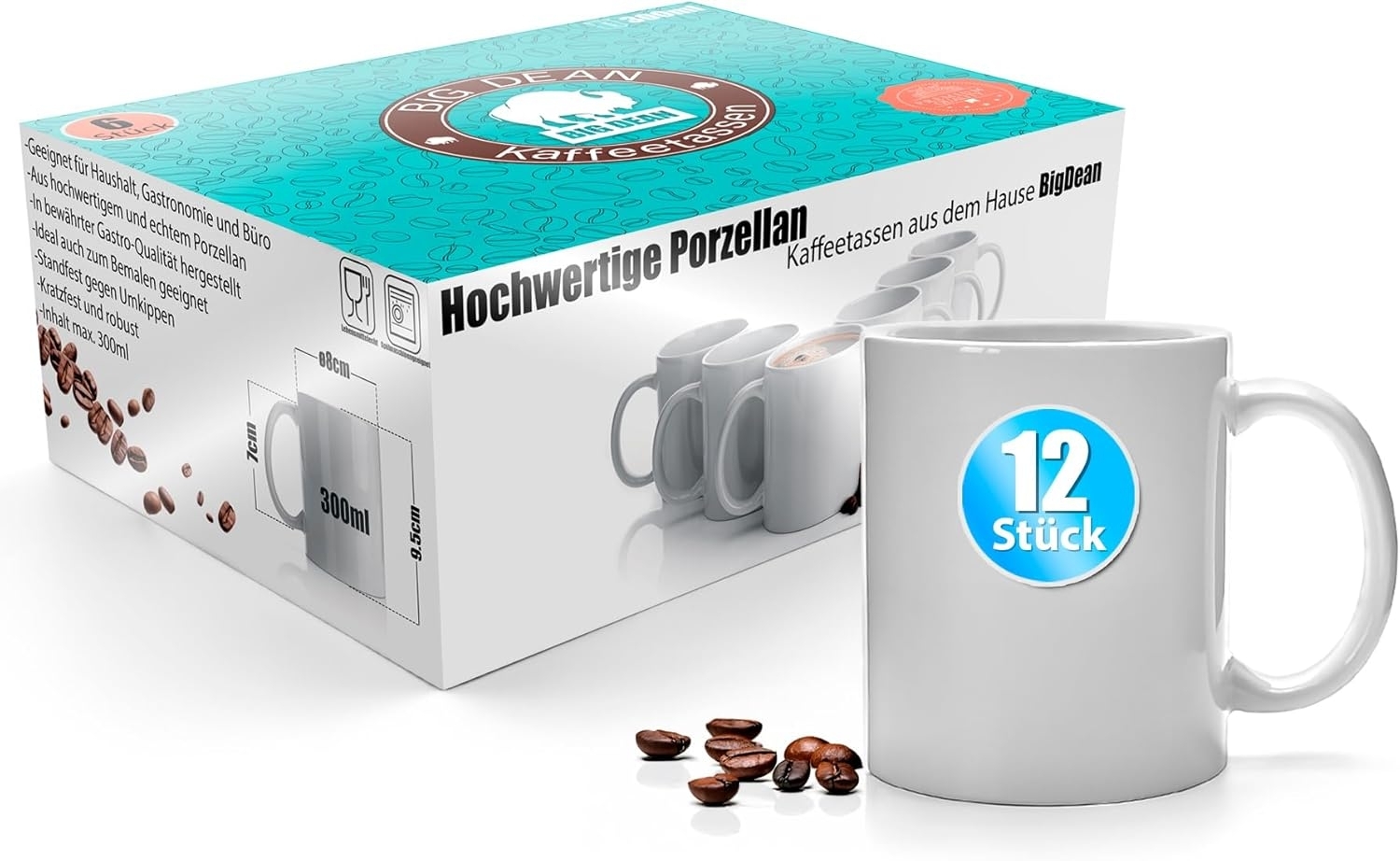 BigDean 12 Stück Kaffeebecher weiß 300ml – Kaffeetassen aus hochwertigem Porzellan in Geschenkverpackung Bild 1